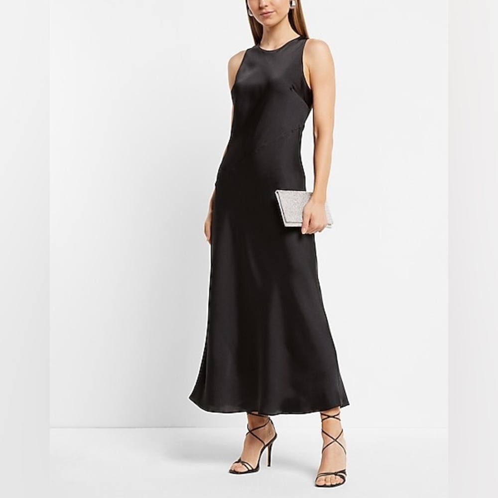 NWT Express Black Satin V-Neck Sleeveless Maxi Dress - Size XS